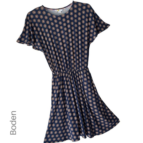 BODEN | FLUTTER SLEEVE FRENCH NAVY DAISY STAMP JERSEY DRESS LIKE NEW | SIZE 2 - Picture 1 of 12